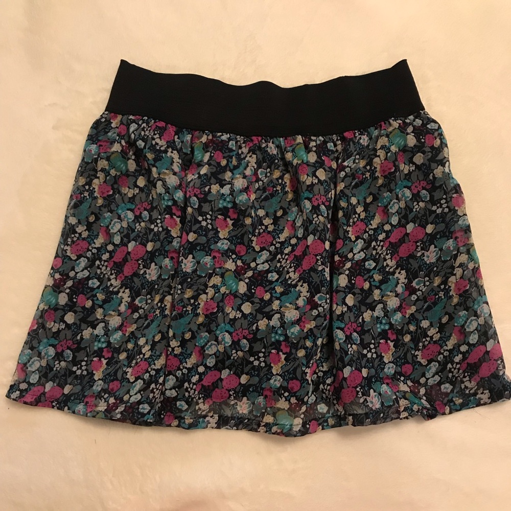 Blue/Pink/Black Floral Flowy Banded Skirt